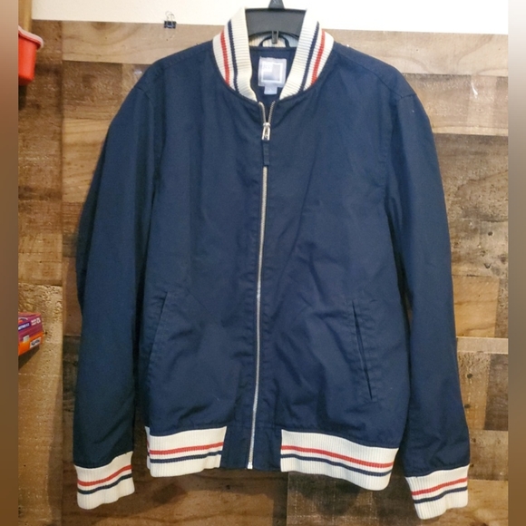 Vtg JC Penney Blue Bomber Jacket Lined Red White Blue Trim USA Vibes Mens S Lrge - Picture 13 of 13